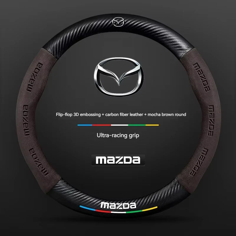 Mazda steering wheel cover with carbon fiber texture on a dark background