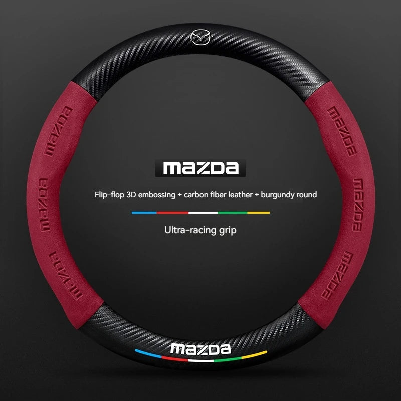 Mazda steering wheel cover with red and black design on a dark background