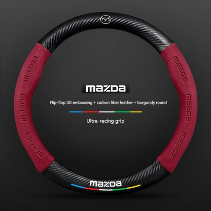 Mazda steering wheel cover with red and black design on a dark background