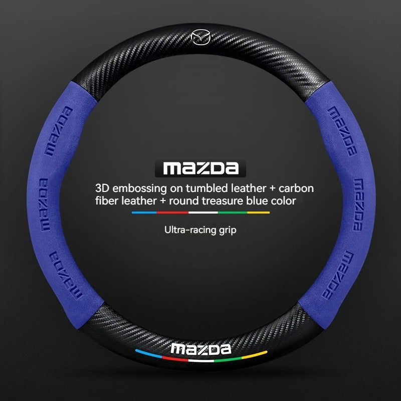 Mazda steering wheel cover with blue accents on a black background
