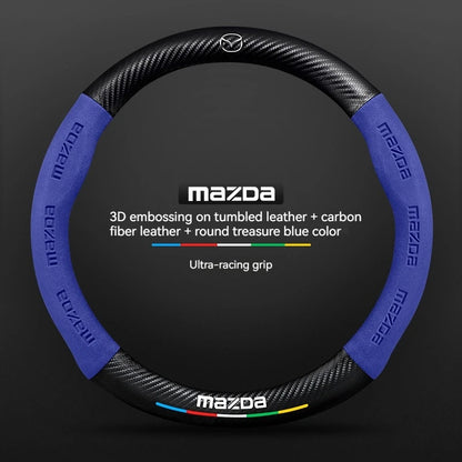 Mazda steering wheel cover with blue accents on a black background