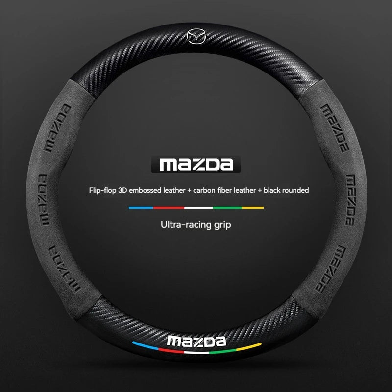Mazda steering wheel cover with carbon fiber texture on a dark background