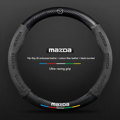 Mazda steering wheel cover with carbon fiber texture on a dark background