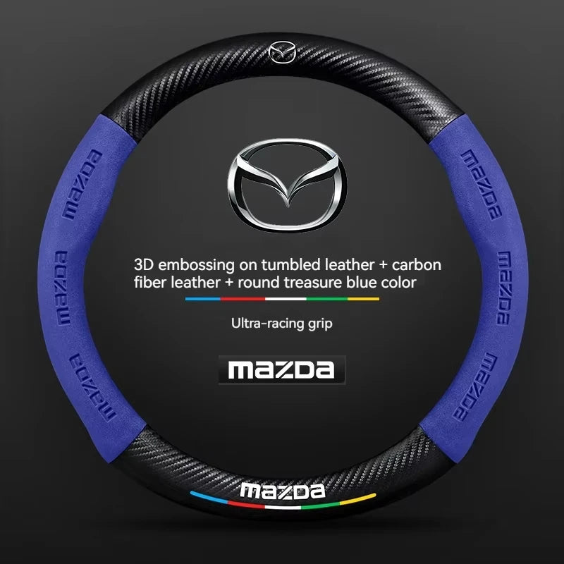 Mazda steering wheel cover with blue accents on a black background