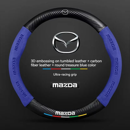 Mazda steering wheel cover with blue accents on a black background