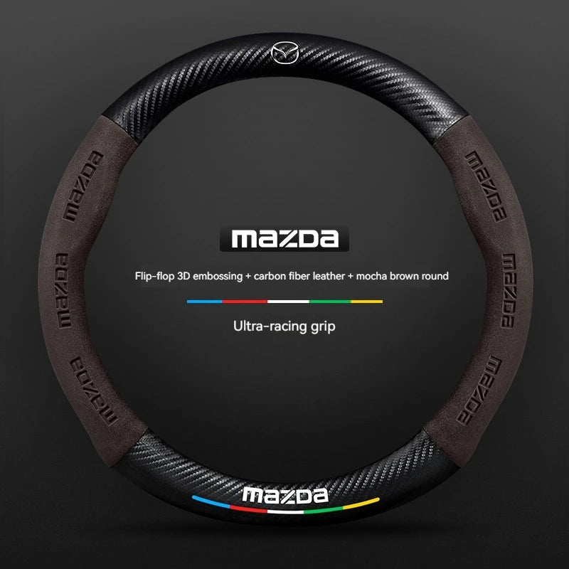 Mazda steering wheel cover with carbon fiber leather and ultra-racing grip on a dark background