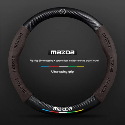 Mazda steering wheel cover with carbon fiber leather and ultra-racing grip on a dark background