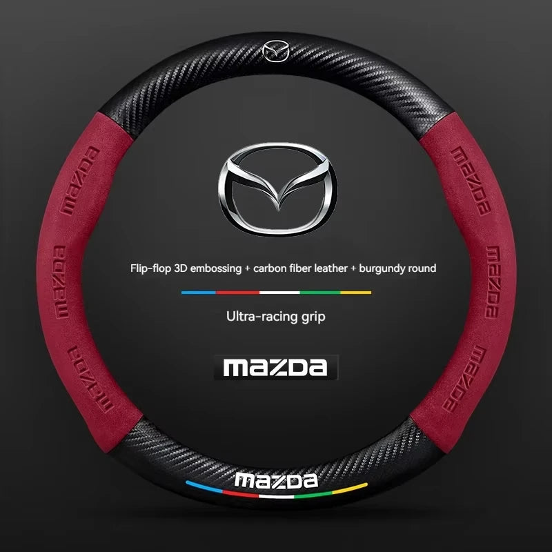 Mazda steering wheel cover with red and black design on a dark background