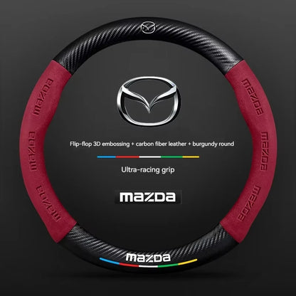 Mazda steering wheel cover with red and black design on a dark background