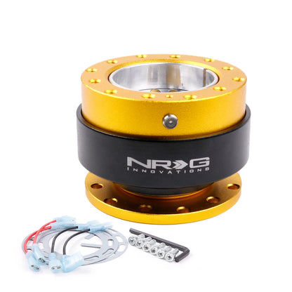 NRG Innovations automotive component with gold and black finish on a white background