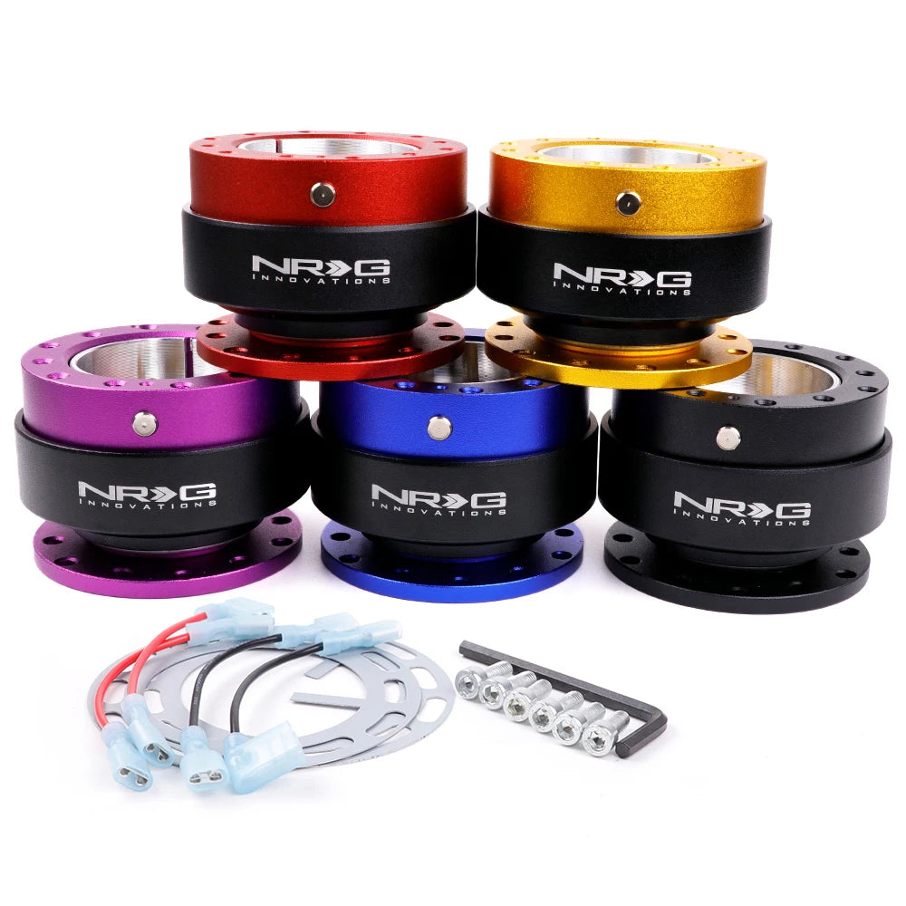 Set of NRG Innovations automotive parts in various colors on a white background