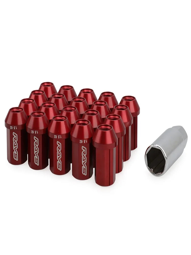 Red RAYS lug nuts with a silver open-end on a white background