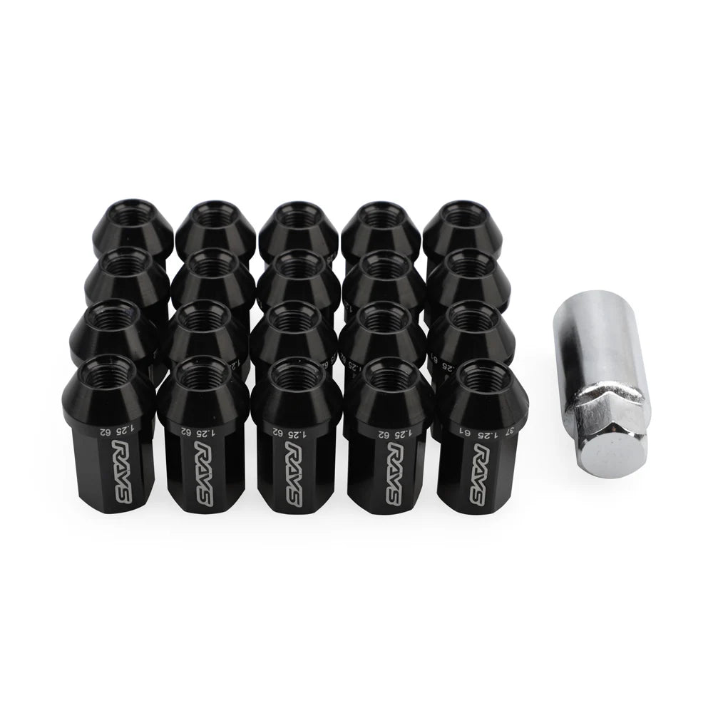 Set of black RAYS lug nuts with a silver tool on a white background