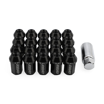 Set of black RAYS lug nuts with a silver tool on a white background