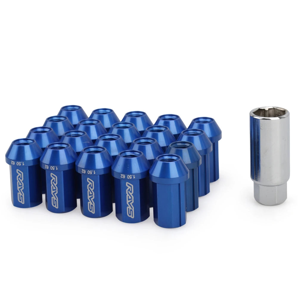 Set of blue rays lug nuts with a socket on a white background