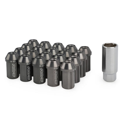 Set of grey rays lug nuts with a socket on a white background