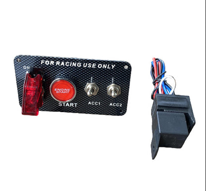 Racing switch panel with red button and wiring on a white background