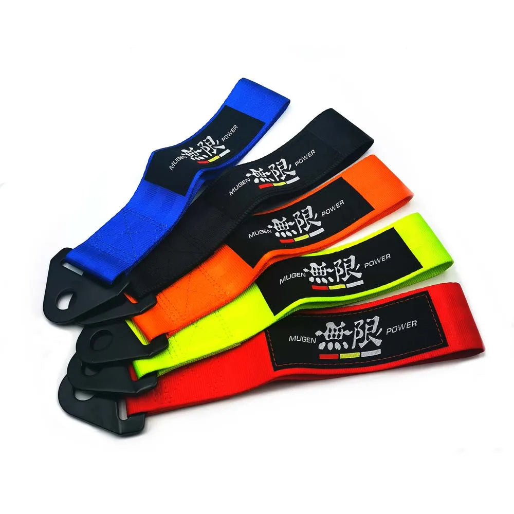 Five colorful straps with 'Mugen Power' branding on a white background
