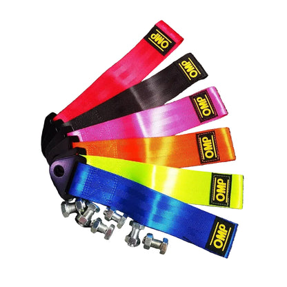 Set of colorful car tie-down straps with OMP logo