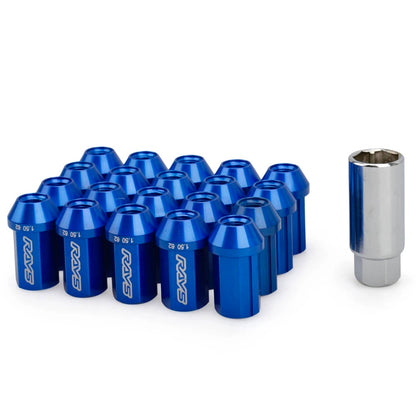 Set of blue RAYS lug nuts with a silver tool on a white background