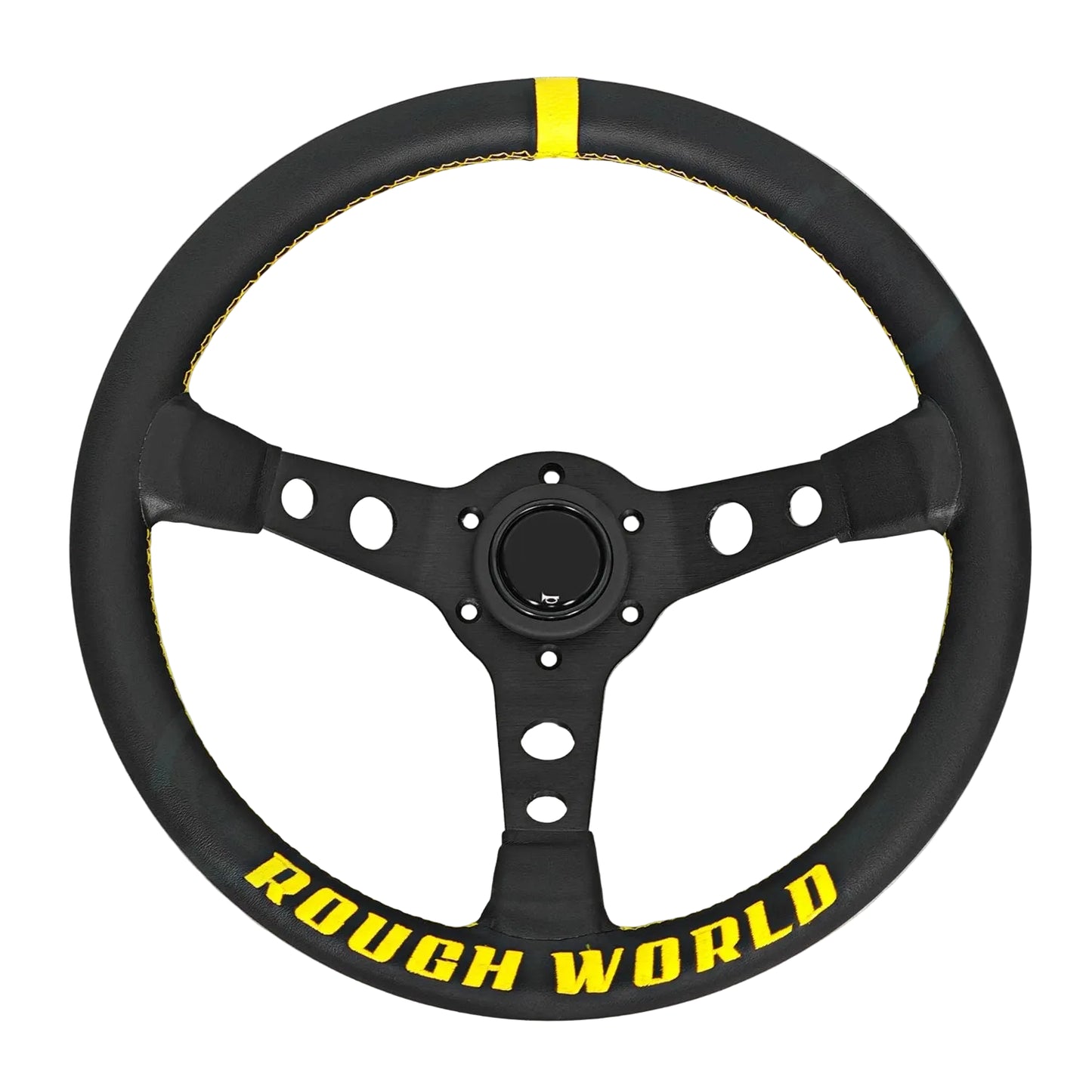 Black steering wheel with yellow text
