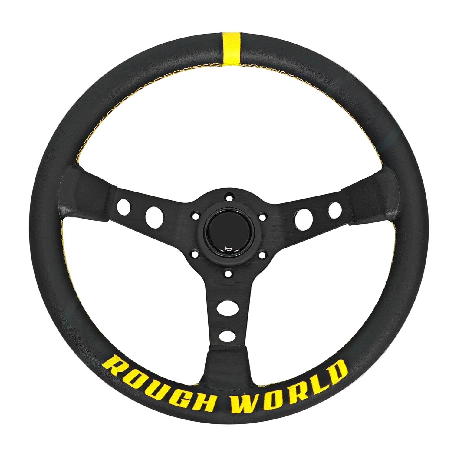 Black steering wheel with yellow text