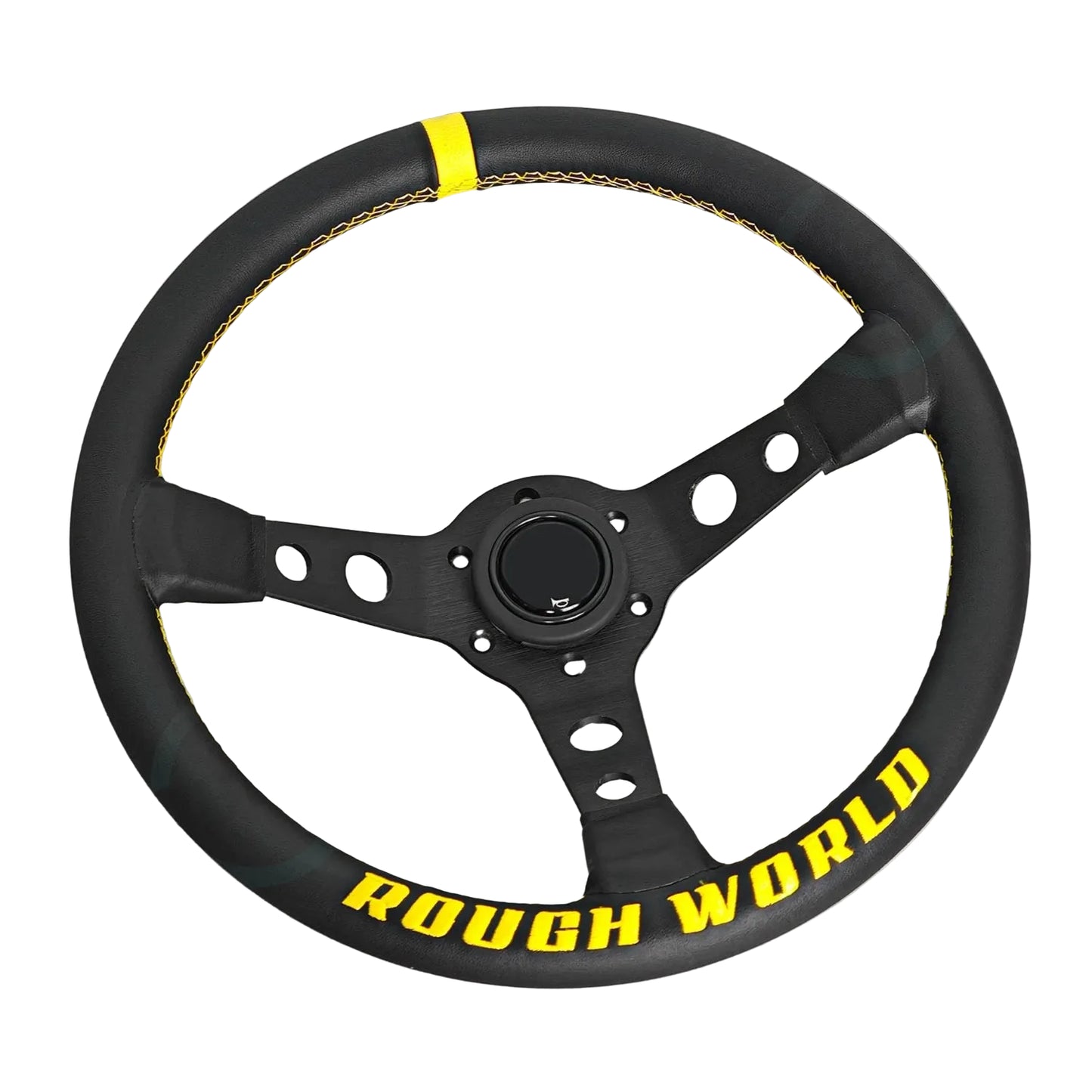 'Rough World' Black/Yellow Embroidered Deep Dish Steering Wheel