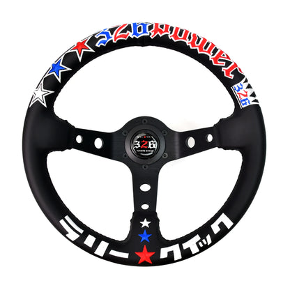 Black steering wheel with colorful accents and branding on a white background