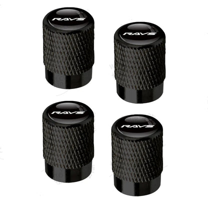 Four black valve stem caps with 'RAVS' branding on a white background.