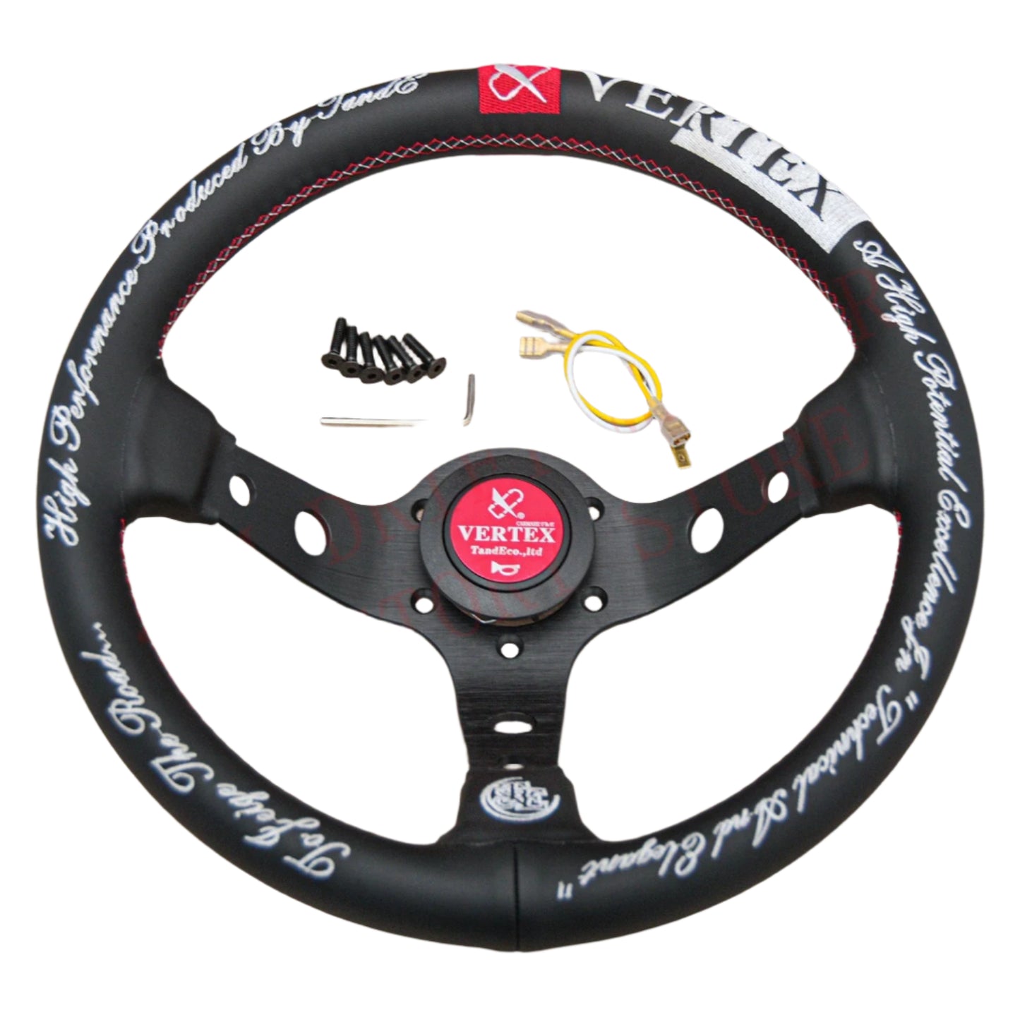 Steering wheel with 'Vertex' branding and included parts