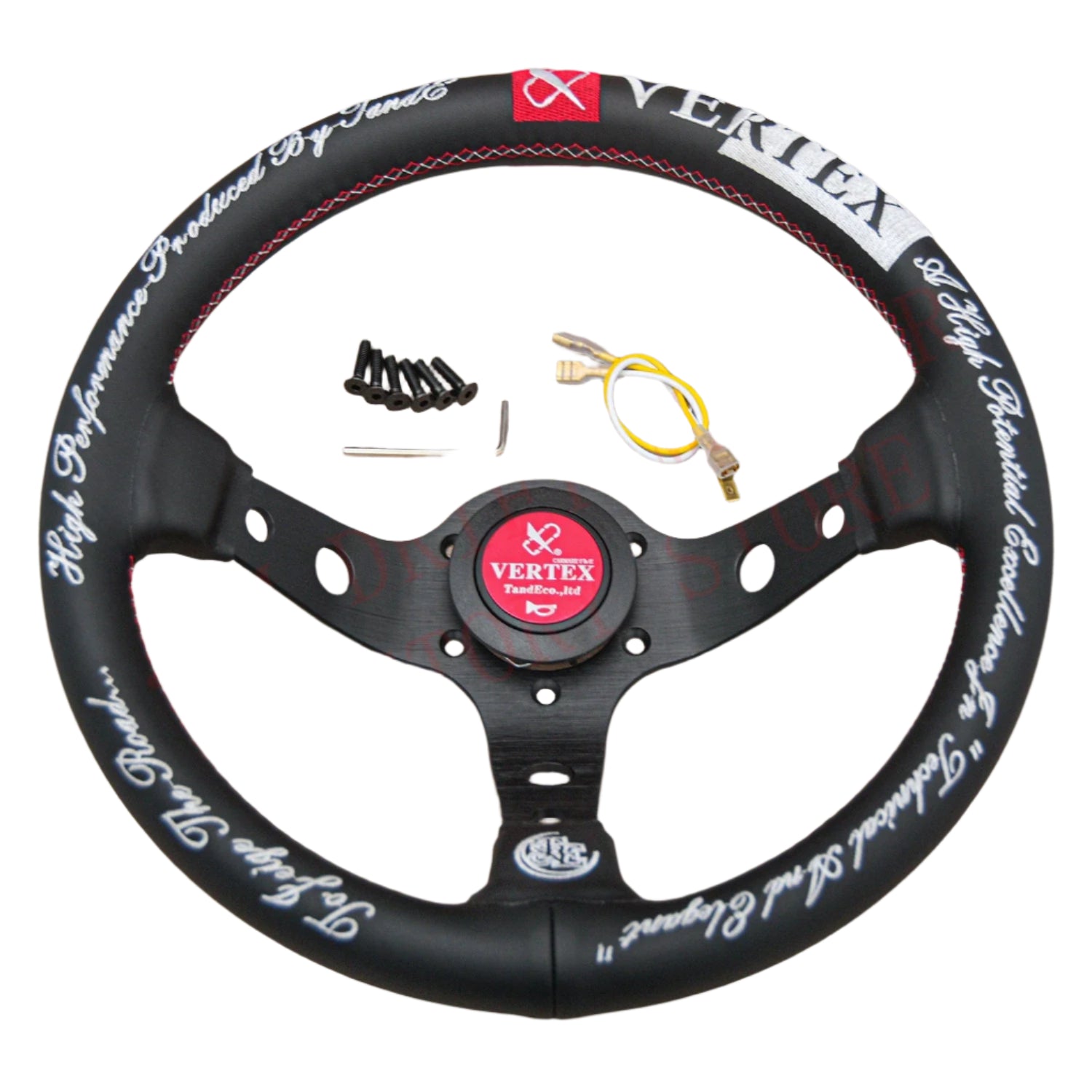 Steering wheel with 'Vertex' branding and included parts