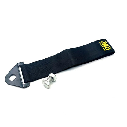 Black strap with metal buckle and bolt on a white background