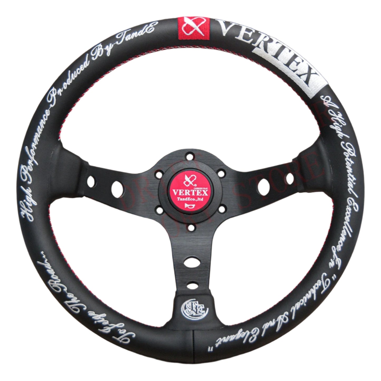 Black steering wheel with white text and red accents