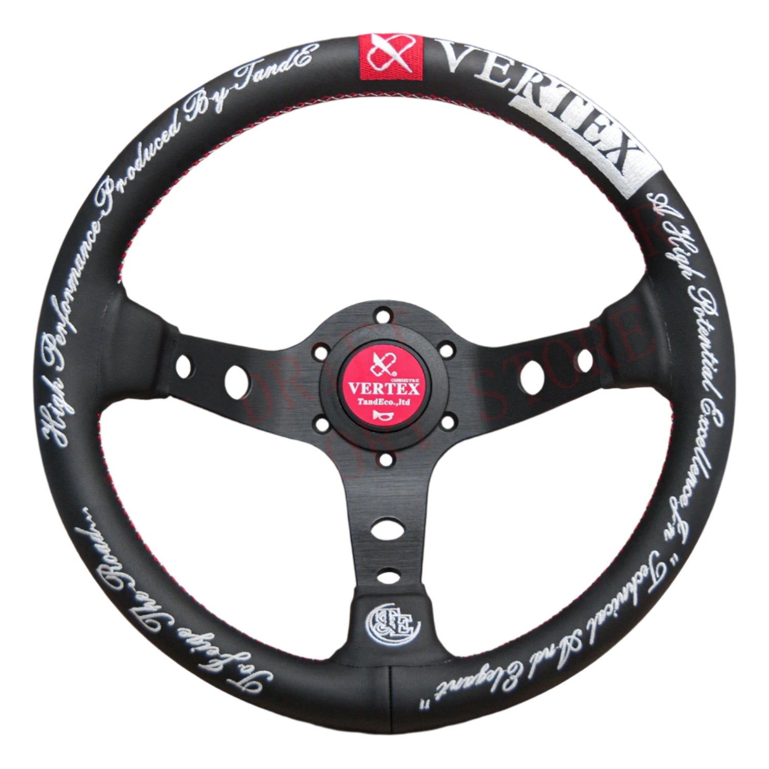 Black steering wheel with white text and red accents