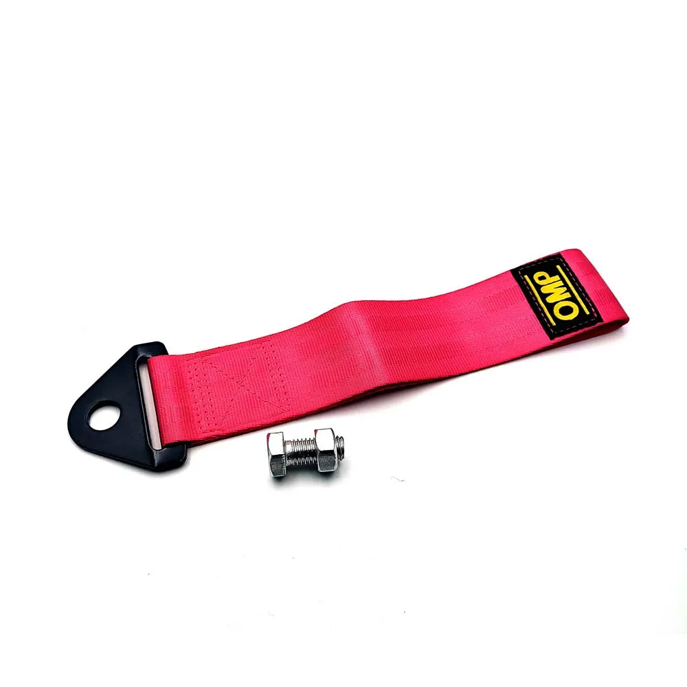 Red strap with black buckle and metal clip on a white background, featuring OMP logo.
