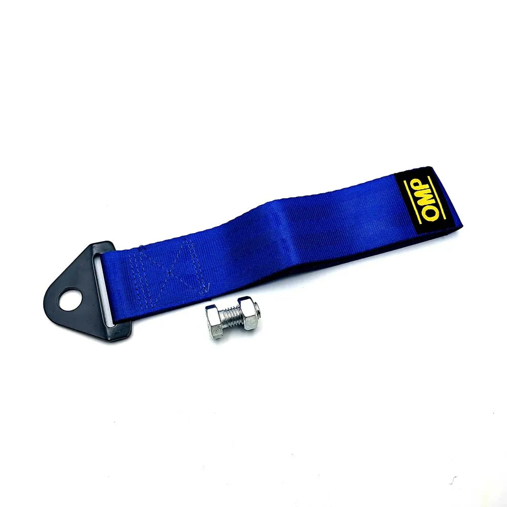 Blue strap with a metal buckle and OMP logo on a white background