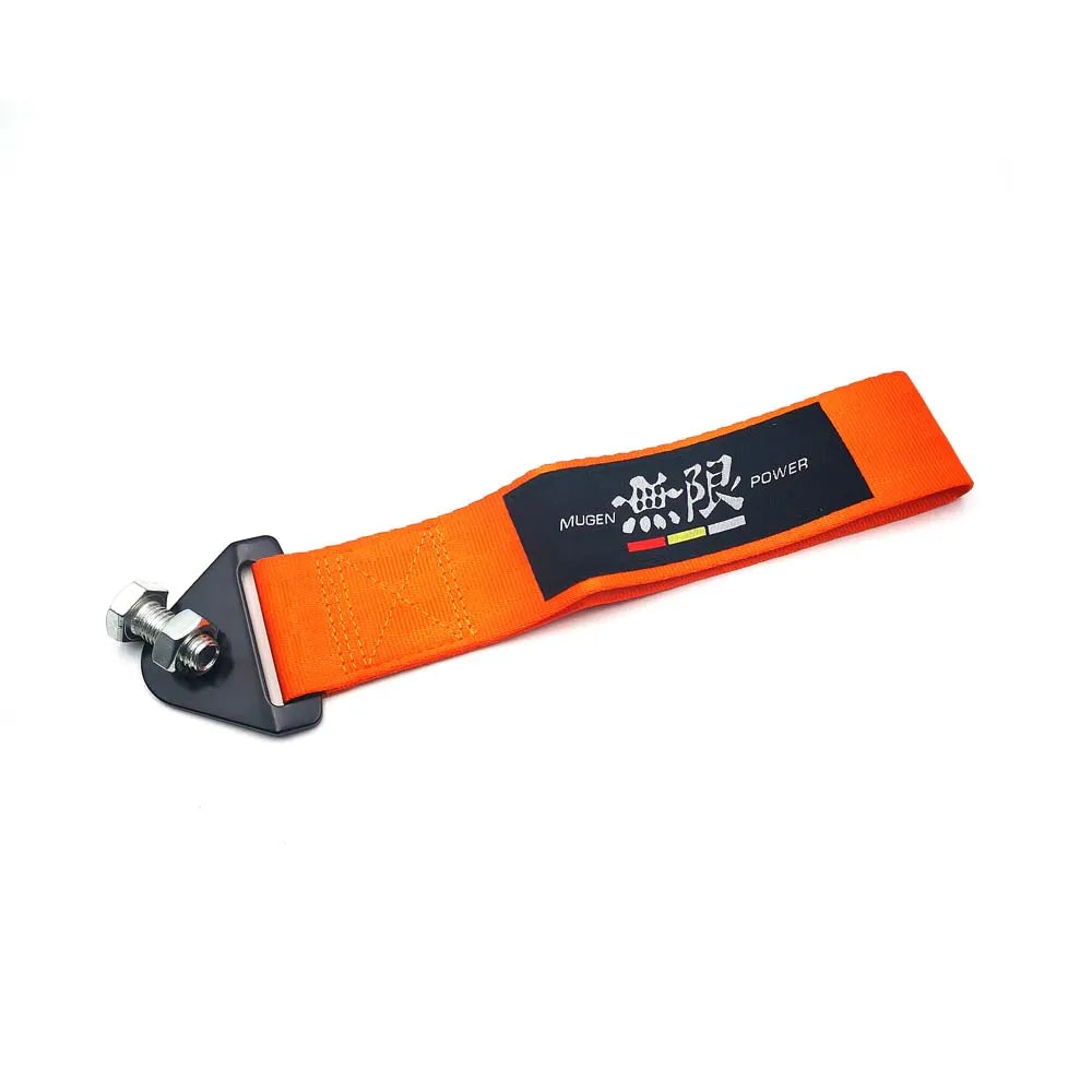 Orange strap with a black label on a white background