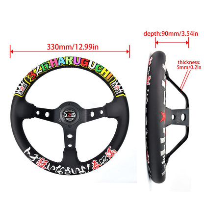 Black steering wheel with colorful text and measurements on a white background