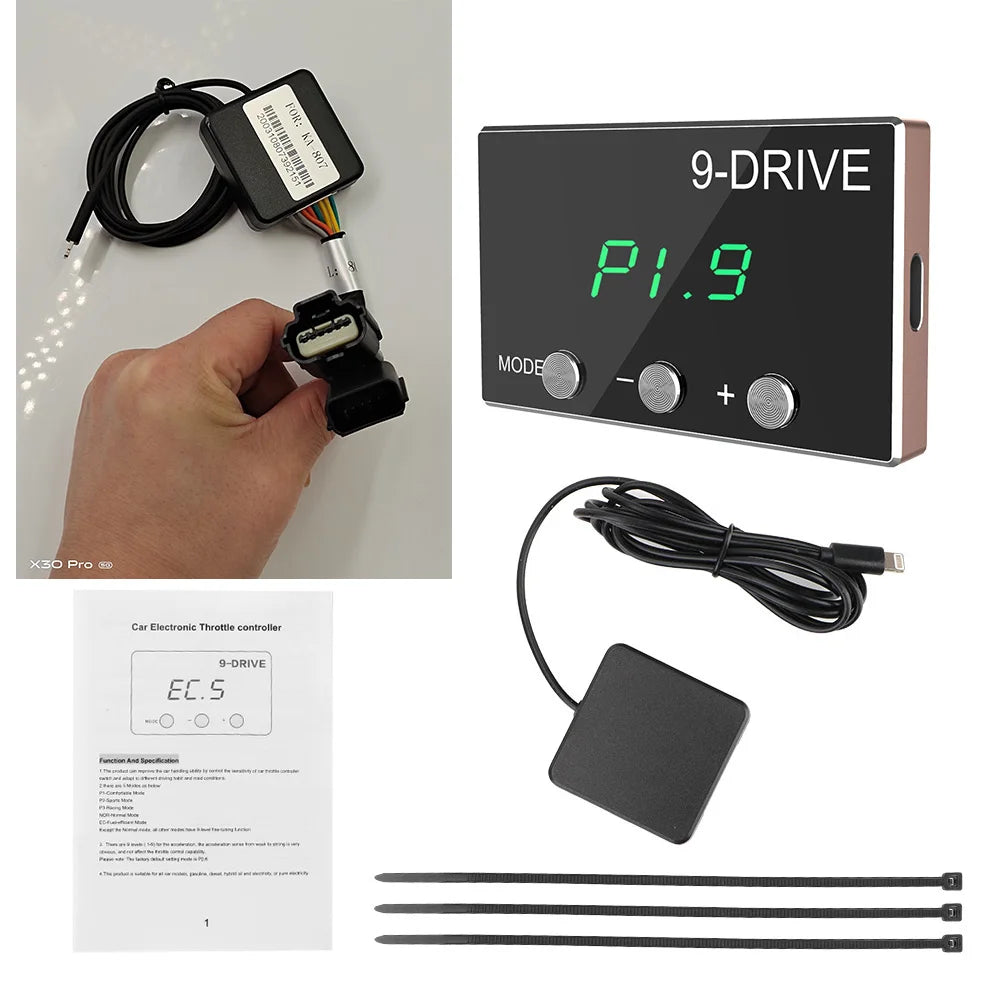 9-Drive electronic throttle controller with cables and manual on a white background