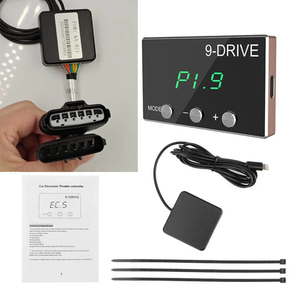 9-Drive car electronic throttle controller with components on a white background