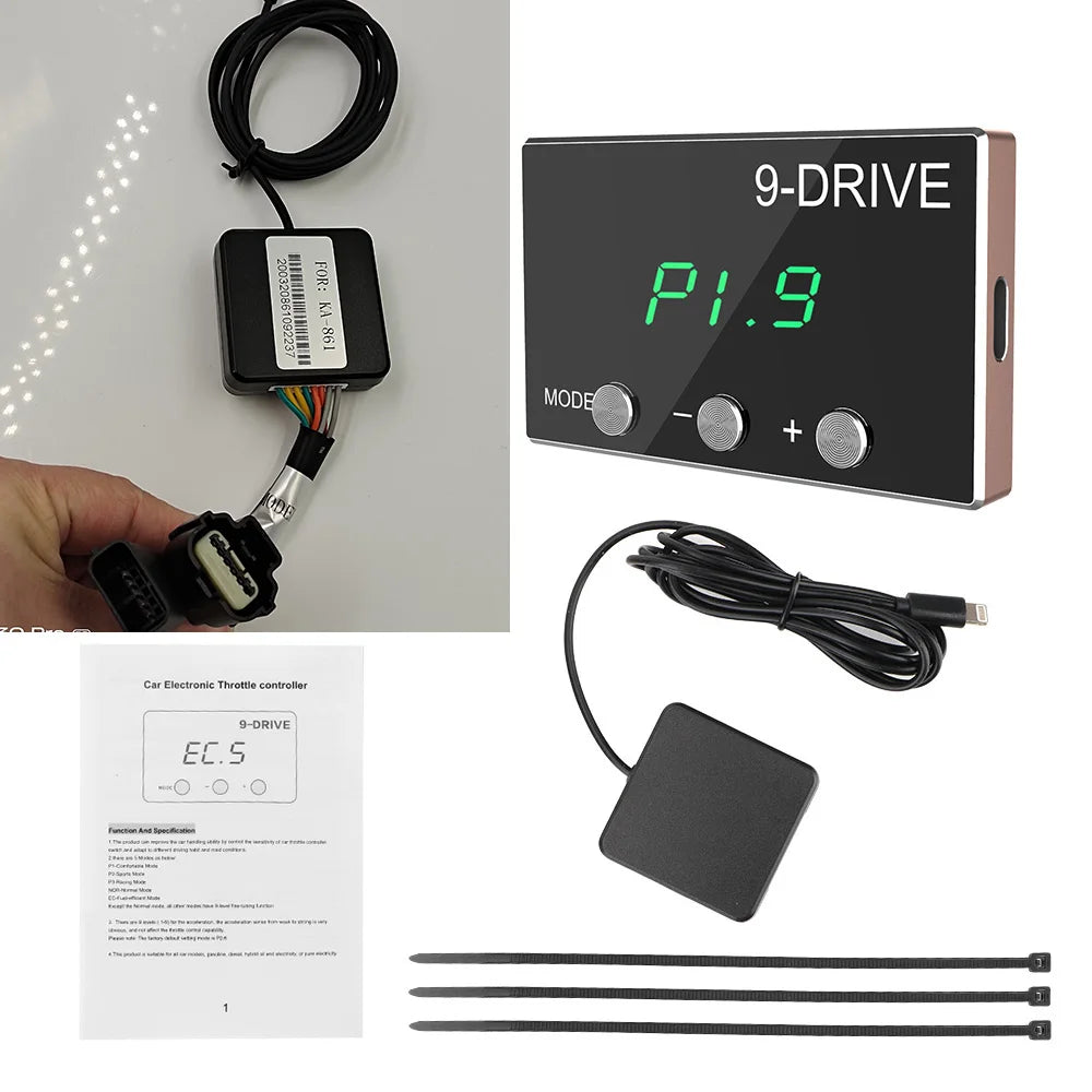 9-Drive electronic throttle controller with cables and manual on a white background