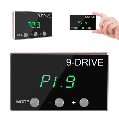 9-Drive digital display with hand interacting, showing green digital numbers on a black background.