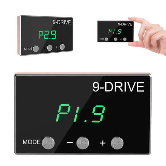 9-Drive digital display with hand interacting, showing green digital numbers on a black background.