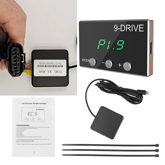9-Drive car electronic throttle controller with cables and manual on a white background