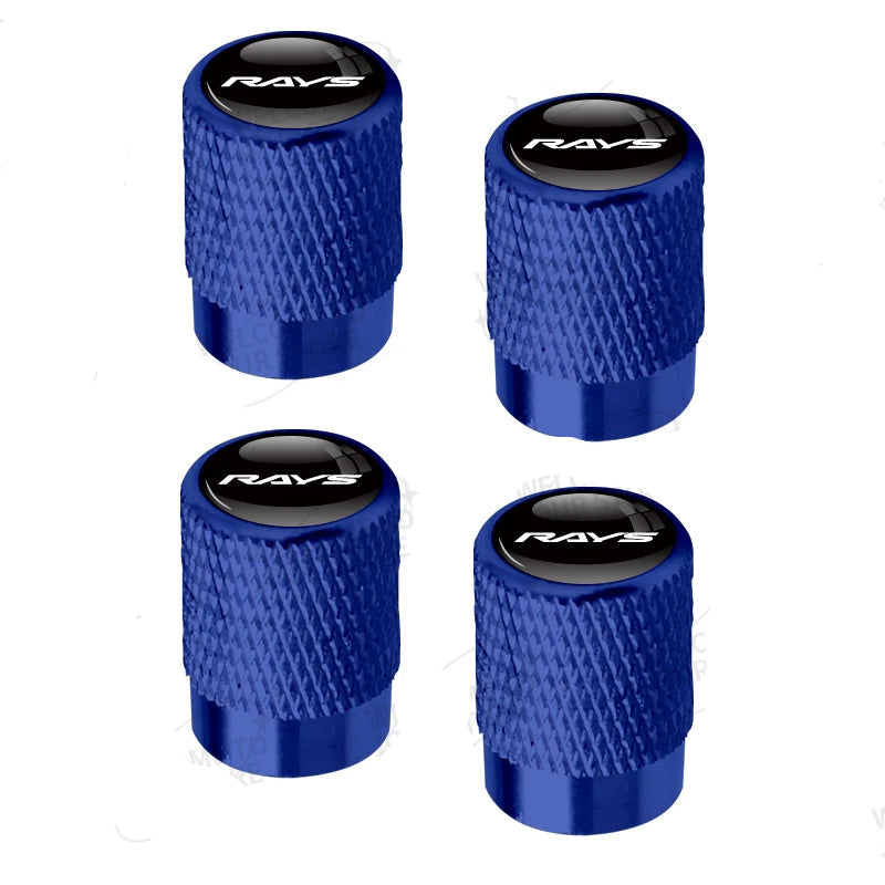 Four blue valve stem caps with 'RAVS' branding on a white background.