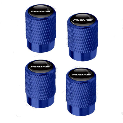 Four blue valve stem caps with 'RAVS' branding on a white background.