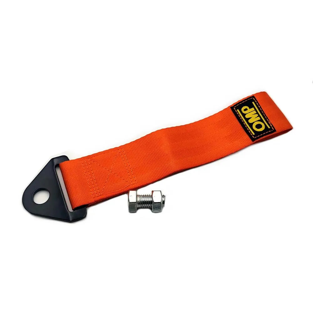 Orange strap with metal clip and OMP logo on a white background