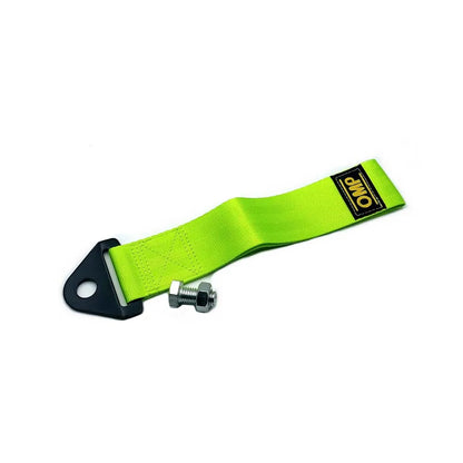 Green strap with a black buckle and metal clip on a white background
