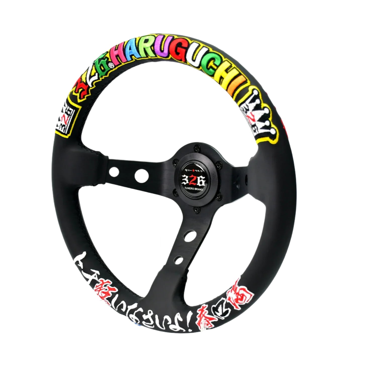 Black steering wheel with colorful text and branding on a white background