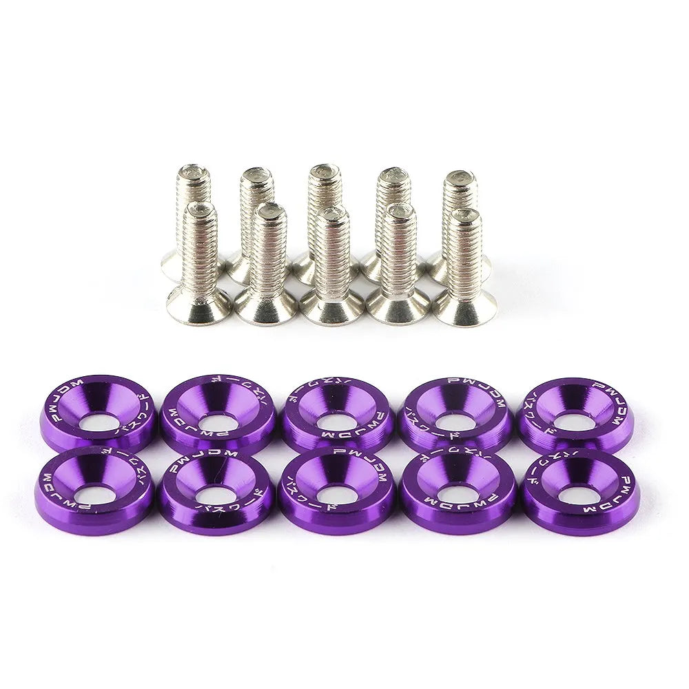 Set of purple washers and silver screws on a white background
